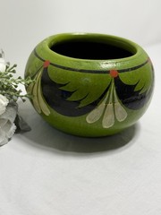 Vintage Mexican Hand Made Green And Black Pottery Planter w/ Drain Hole 5.5” T
