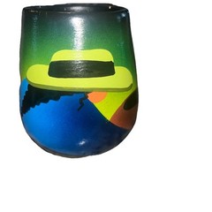 Brightly Hand Painted 4 In. Ceramic Pot Depicting Two Women Of Ecuador