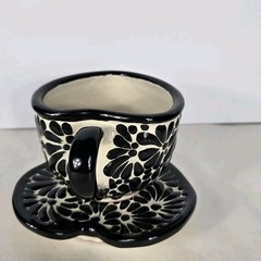 Talavera Pottery Coffee Set Mexican Art Black And Cream 3 X 4 Inches