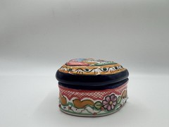 Talavera Pottery Heart Shaped Blue & White Flowers Trinket Box Hand painted