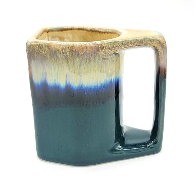 Signed Vintage Mexican Pottery Padilla Kokopelli Flat Mug Drip Glaze Green Blue