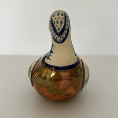 Vintage Tonala Mexican Pottery Duck Hand Painted With Brass & Copper Body