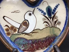 Tonala heart shape art pottery trinket dish white bird signed Ken Edwards Mexico