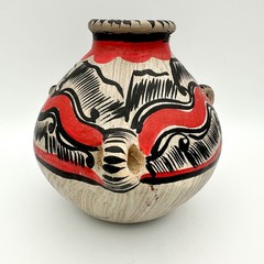 Vtg Handmade Mexican Pottery Round Vase 3 Handles Red Black Clay Hecho en Mexico