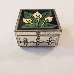 Blue White Calla Lilies Mexican Talavera Trinket Box Mirror 2.5”