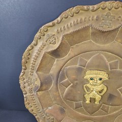 Vintage Brass Aztec Mayan Charger Tray Wall Art Plate With 3D Figure 15.5″ Dia