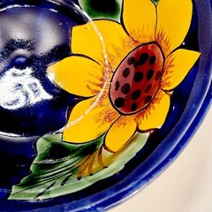 Set of 2 Mexican Pottery Signed Yellow Sunflower Bowls Cobalt Blue Oval & Round