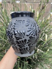 Black Mexican Talavera Art Pottery flower Vase Hand Painted