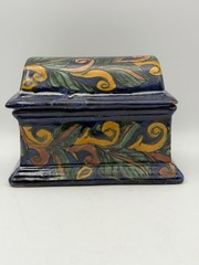 Vintage Mexican Folk Art Pottery Lidded Box Hand Painted Blue Floral Ceramic
