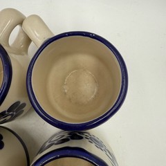 Set Of 4 Talavera Mexican Studio Folk Art Pottery Mugs Saucer Cobalt Blue Floral