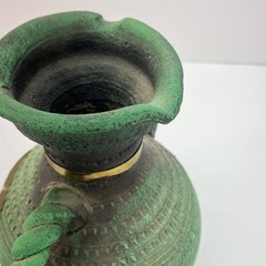 Stunning 9″x 7″ Vintage Mexican Pottery Vase Adorned w/Terracotta Copper & Brass