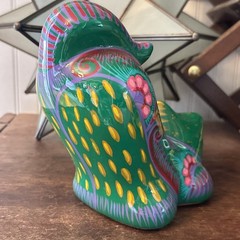 Mexico Talavera STYLE Pottery Green Playful Cat Figurine Hand Painted Folk Art