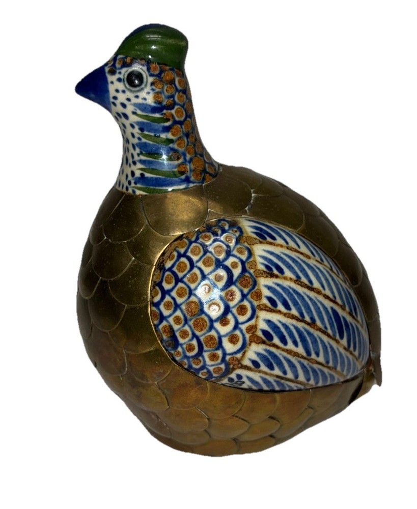 Vintage Sergio Bustamante Quail Mexican Tonala Pottery Brass B Mark 7×5″ *flaw