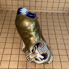 Vint BRASS CAT Tonala Mexican stretching Ceramic And Brass cat Figurine