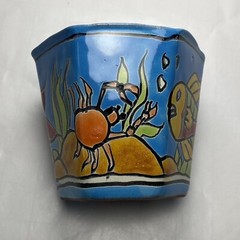 Mexican Folk Art Pottery Octagon Planter 3.75″ Ocean Fish Pattern Plant Pot