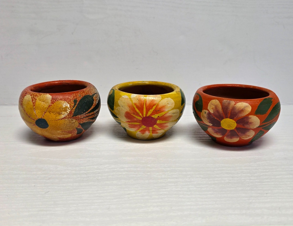 Lot of 3 Vintage Mexican Folk Art Clay Pottery Planter Pots Yellow Flowers Small