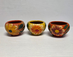 Lot of 3 Vintage Mexican Folk Art Clay Pottery Planter Pots Yellow Flowers Small