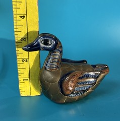 Vintage Mexican Tonala Pottery Folk Art Armored Brass Duck Bird Figurine 4.5”
