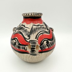Vtg Handmade Mexican Pottery Round Vase 3 Handles Red Black Clay Hecho en Mexico