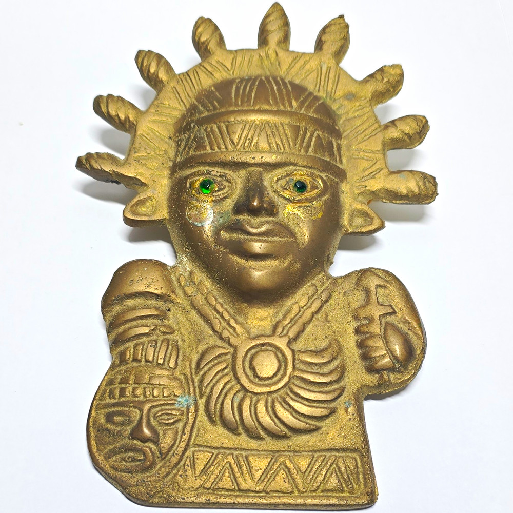 Peruvian Brass Sun God Figure Wall Hanging Wall Decor Hanging, Green Eyes