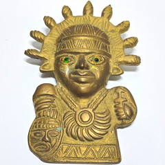 Peruvian Brass Sun God Figure Wall Hanging Wall Decor Hanging, Green Eyes