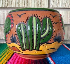 Lg Mexican Ceramic Flower Cactus Pot Planter Folk Art Pottery Handmade Talavera