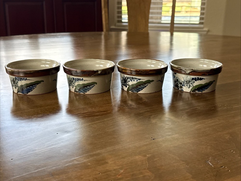 Mexican Tonala Pottery Bowl, Blue Brown Glaze, Bird , Mexico Set Of 4