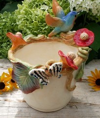 Cream Color Flower Pot Hummingbird Nest Butterflies Handmade Tonala Mexican Art