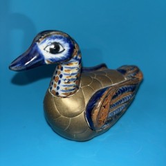 Vintage Mexican Tonala Pottery Folk Art Armored Brass Duck Bird Figurine 4.5”