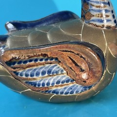 Vintage Mexican Tonala Pottery Folk Art Armored Brass Duck Bird Figurine 4.5”