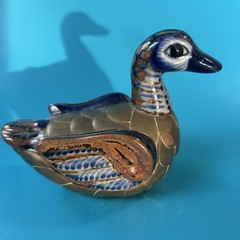 Vintage Mexican Tonala Pottery Folk Art Armored Brass Duck Bird Figurine 4.5”