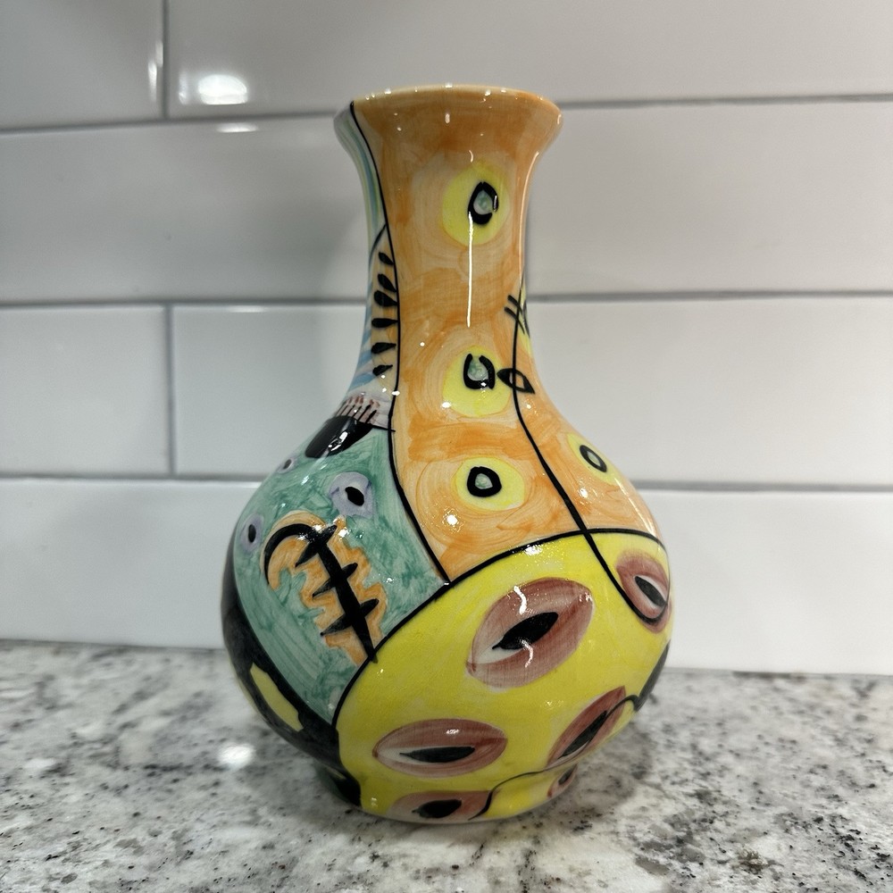 Clay Motif Handpainted 8″ T flower vase abstract yellow flowers black red green