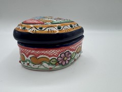 Talavera Pottery Heart Shaped Blue & White Flowers Trinket Box Hand painted