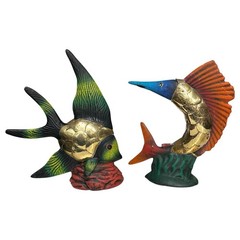 Art Pottery Fish Statue Brass Scales Hand Painted SET OF 2 Angelfish Swordfish