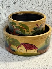 2 Vintage Mexican Folk Handmade Hand painted Pottery Planters w/Drain Hole FaB!