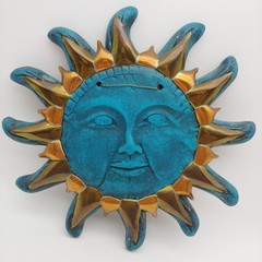 Mexican Folk Art Sun Face Wall Hanging – 12″ Turquoise Blue Copper Brass Metal