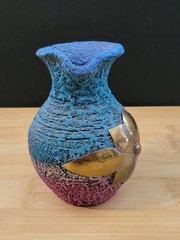 Vtg Black Clay Sand Terracotta Pottery Vase Copper/Brass Flower Trio Of Pitchers