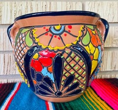 Lg MEXICAN TALAVERA Folk Art POTTERY FLOWER POT PLANTER CERAMIC #15