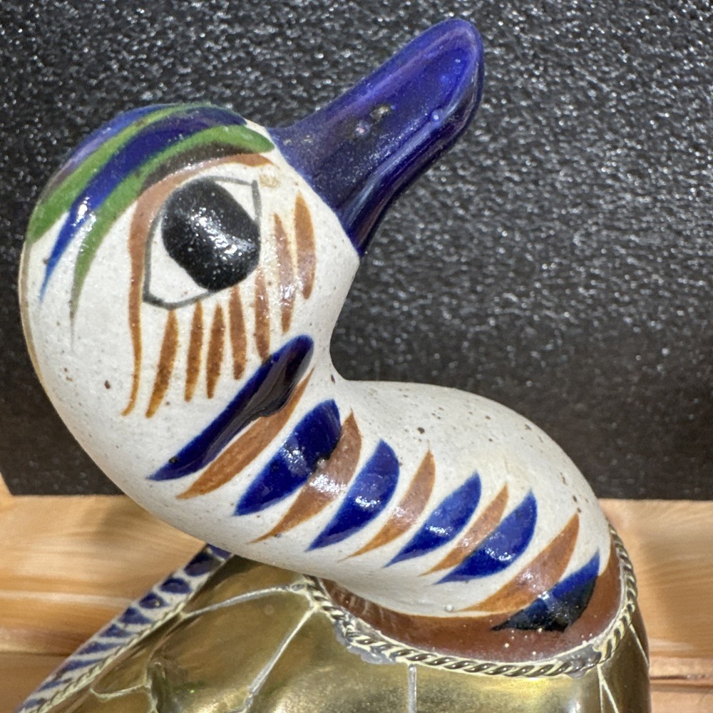 Vintage Pottery Brass Duck Sculpture Unsigned Folk Art Southwestern Homestead