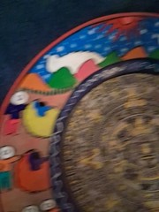 Mexican Folk Art Terracotta Round Wall Hanging Plate 16.5 In Diameter