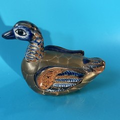 Vintage Mexican Tonala Pottery Folk Art Armored Brass Duck Bird Figurine 4.5”