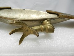 Vintage Mexican Hand-Wrought Brass Parrot Tray Dish Abalone Shell Inlay L82S
