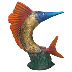Art Pottery Fish Statue Brass Scales Hand Painted SET OF 2 Angelfish Swordfish