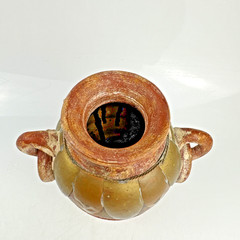 Vintage Mexican Terracotta Pottery Vase, Brass Copper Overlay Loop Handles, 8″