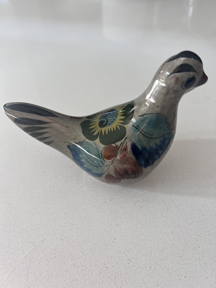 Vintage Mexican Tonala Bird Floral Blue Great Brown Ceramic 5.25”