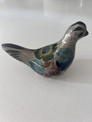 Vintage Mexican Tonala Bird Floral Blue Great Brown Ceramic 5.25”