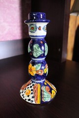 Talavera Mexican Pottery Tall Single Candle Holder Hand Painted Colorful