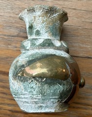 Vintage Mexican Folk Art Pottery Terracotta Flower Vase Copper Brass Floral ~6”