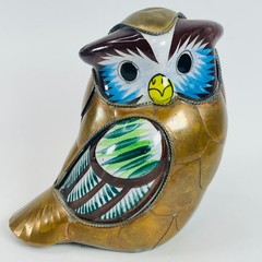Tonala Mexican Owl Figurine Vintage Handcrafted Ceramic Brass Pottery 4.5”