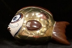 Brass & Ceramic Armored Fish Pottery Figurine Metal Vintage